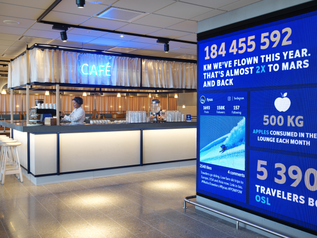 Kaféområde på flyplass-lounge med barista som lager kaffe; digitalt display viser flystatistikk, inkludert antall reisende og konsumert mengde epler.