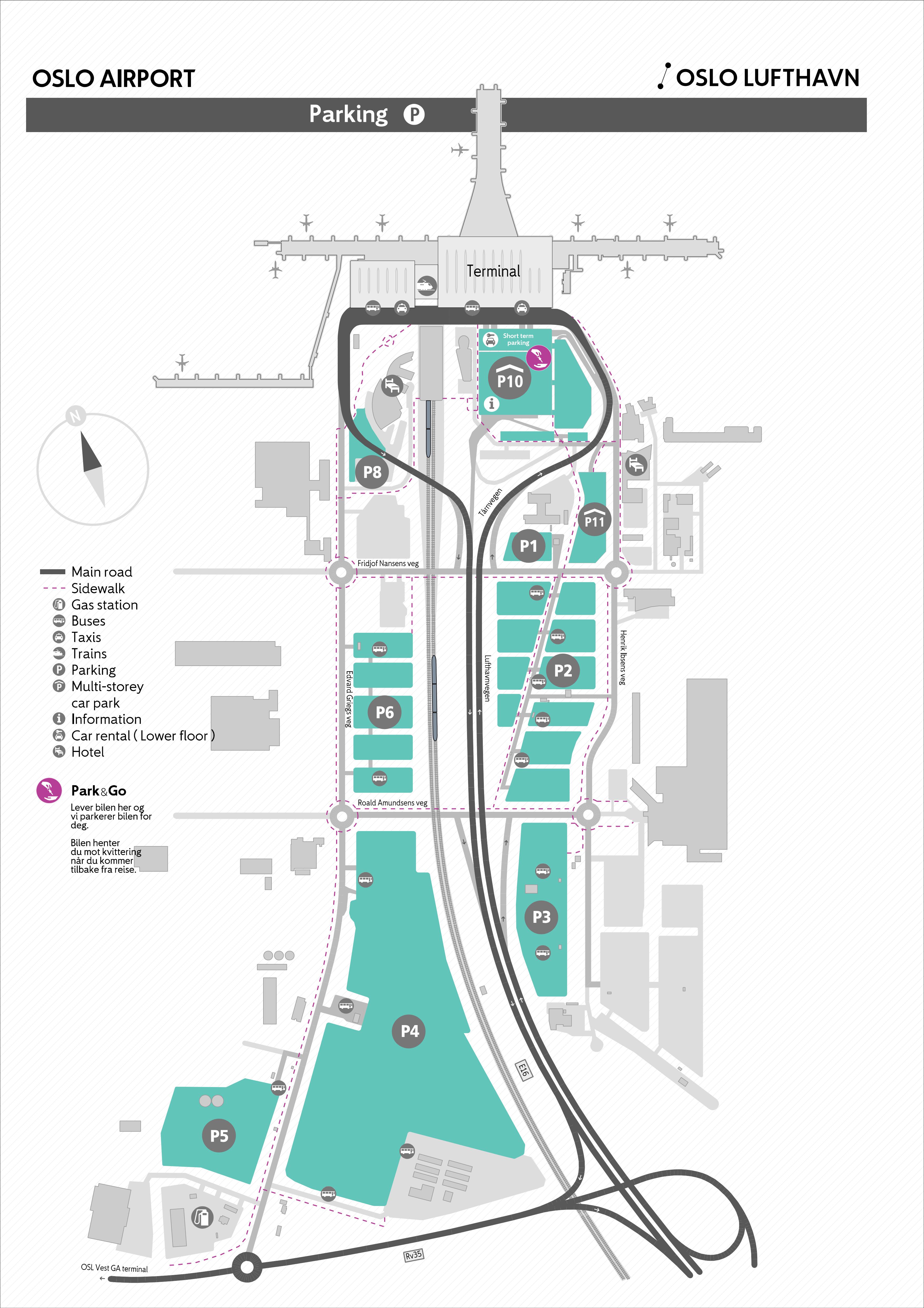 Tegnet kart over alle parkeringsområdene på Oslo lufthavn